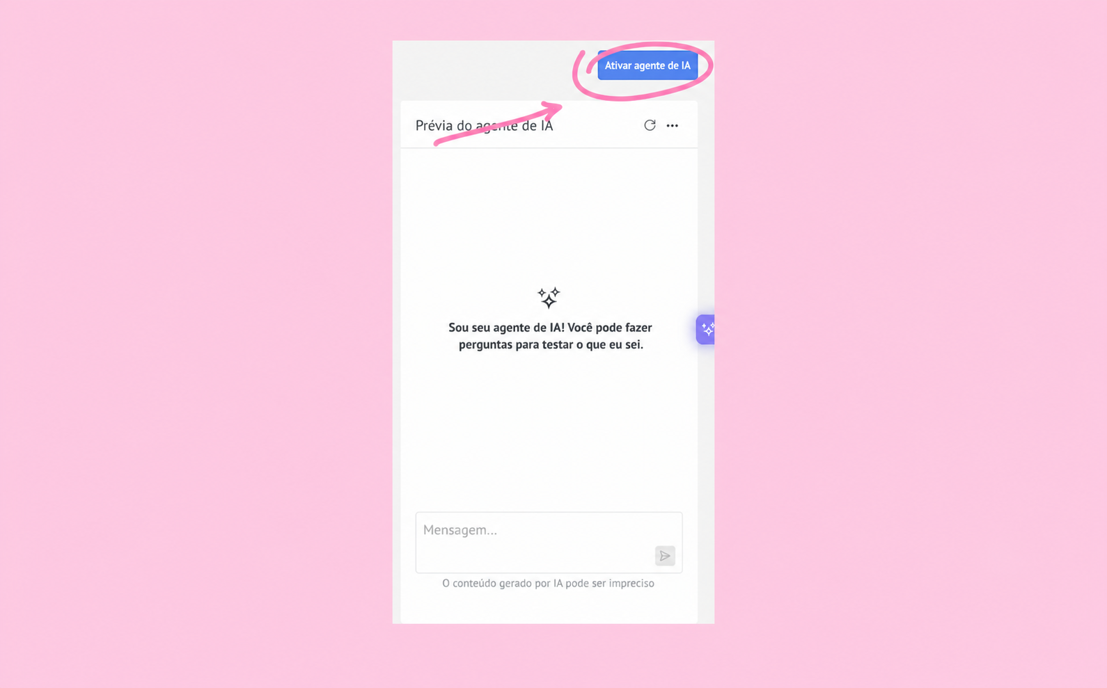 Preview of AI agent interface with activation button and message input area.
